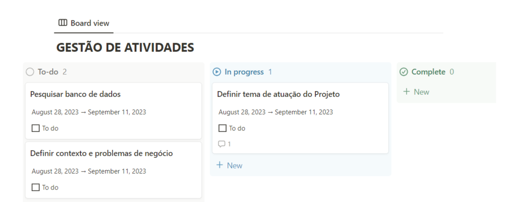 Exemplo de organização do quadro no Notion